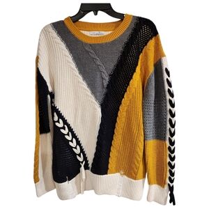 Dex Womens Sz L Knit Sweater  Long Sleeve Colorblock  Lace Up Detail
